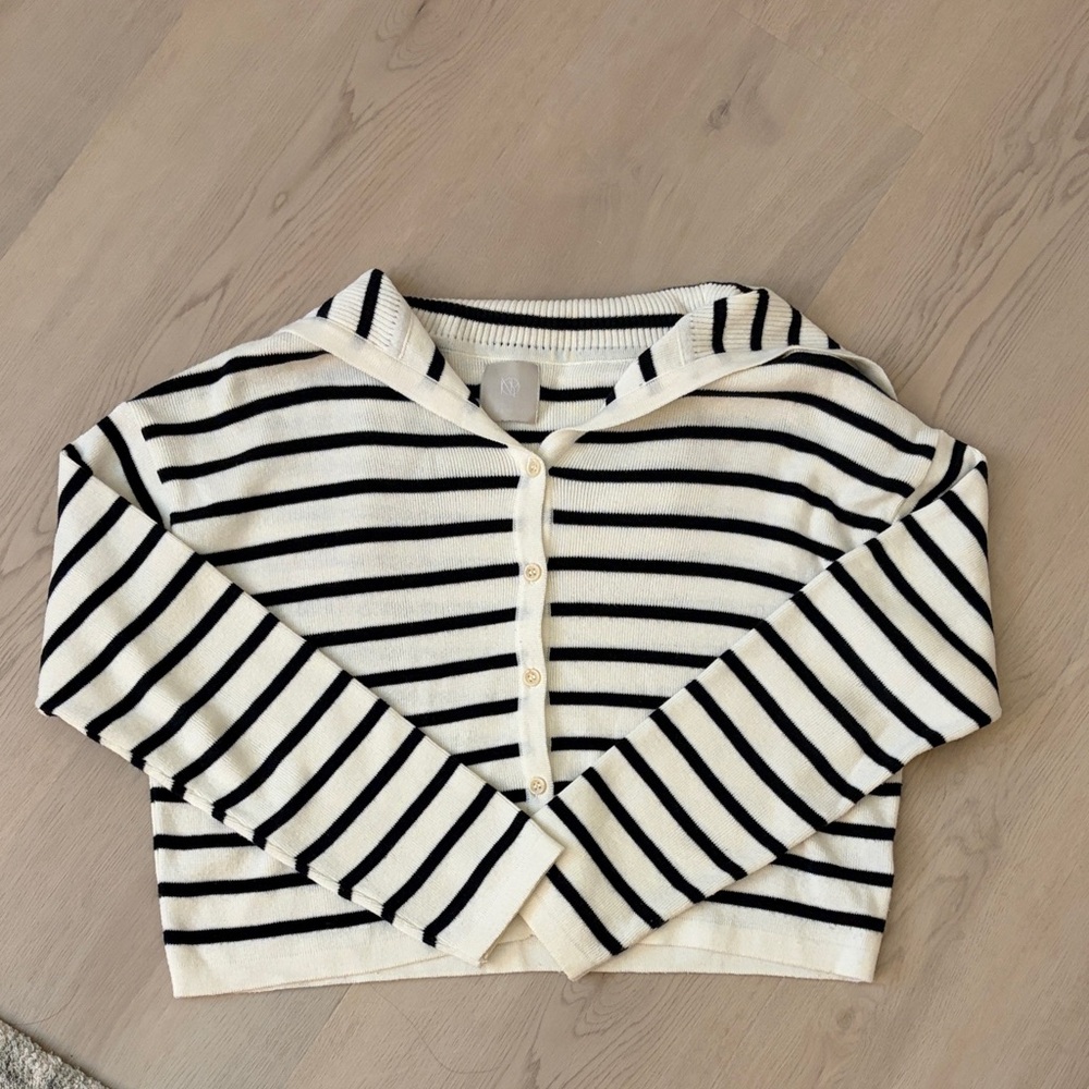 Korean Brand Striped Sailor Button-Front Crop Sweater - Black & Cream